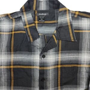Godbody Short Sleeve Camp Shirt 3XL 100% Linen Plaid Black Gold Button Down